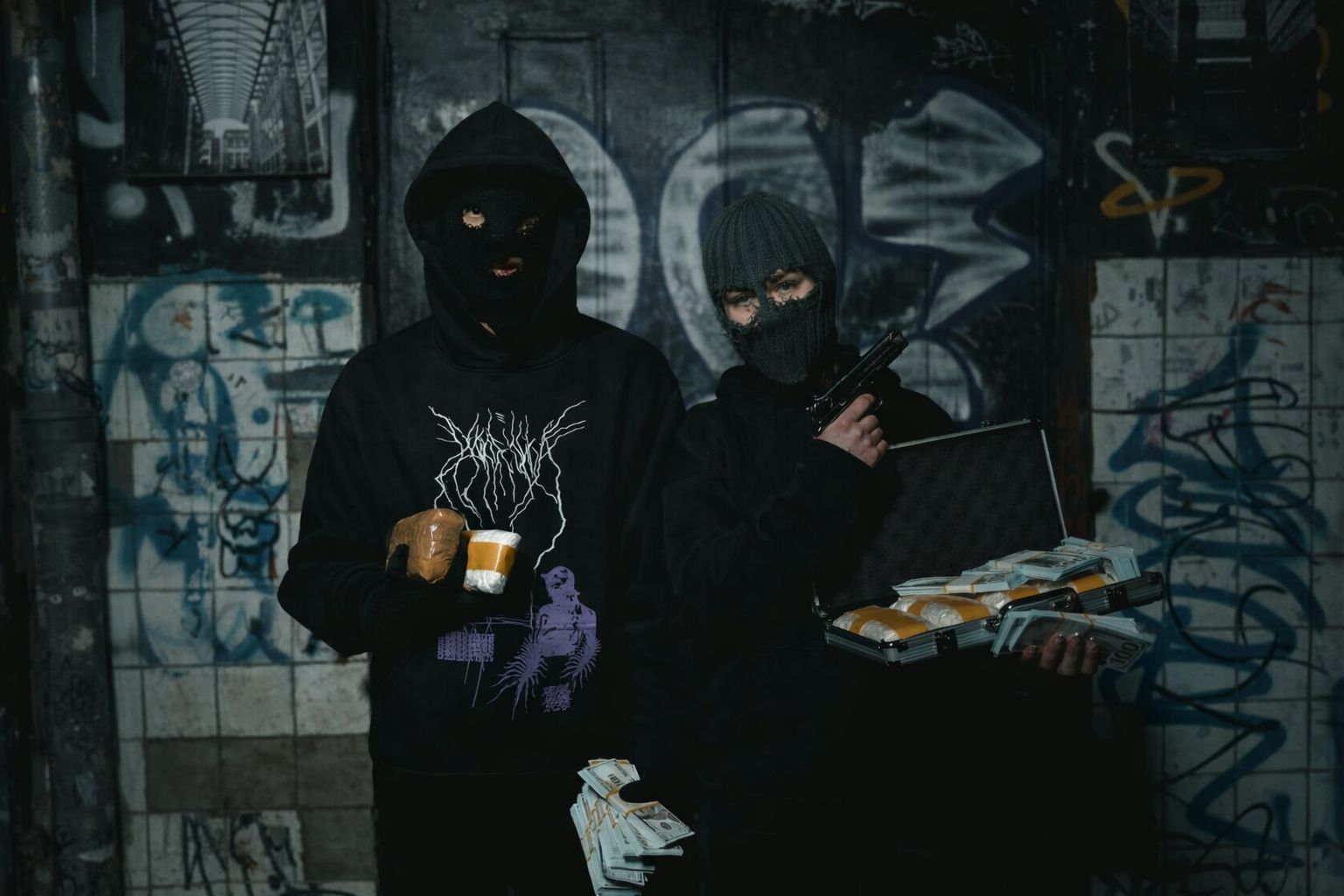 Två personer i svarta hoodies med rånarluvor håller i paket och pengar i en graffitiväggsmiljö.